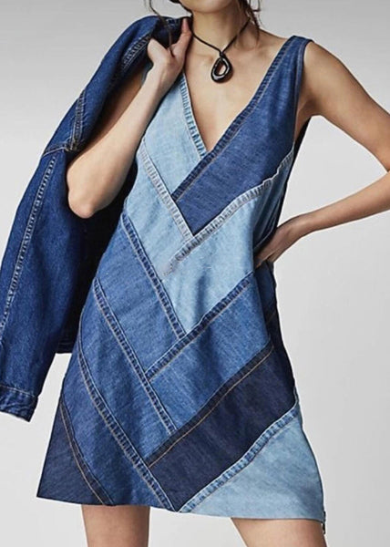 Sleeveless Patchwork Neck Dress V Beautiful Blue Denim FashionChic