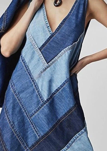 Sleeveless Patchwork Neck Dress V Beautiful Blue Denim FashionChic