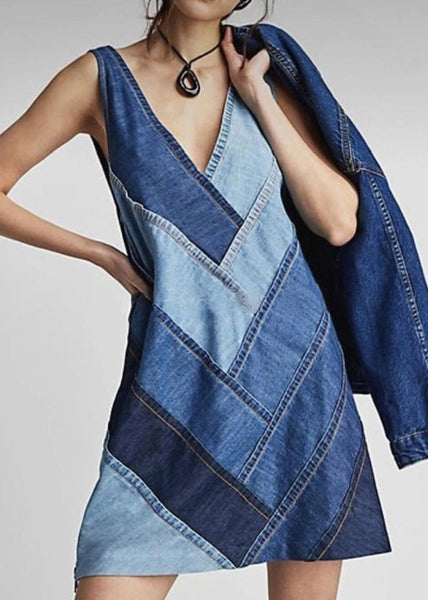 Sleeveless Patchwork Neck Dress V Beautiful Blue Denim FashionChic