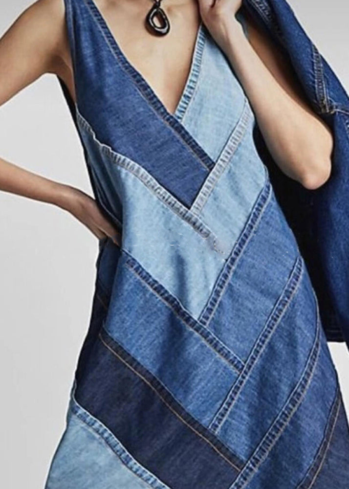 Sleeveless Patchwork Neck Dress V Beautiful Blue Denim FashionChic