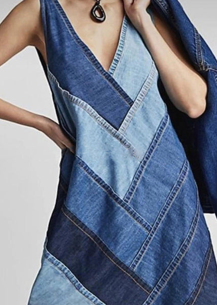 Sleeveless Patchwork Neck Dress V Beautiful Blue Denim FashionChic