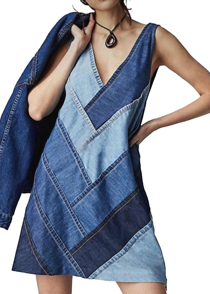 Sleeveless Patchwork Neck Dress V Beautiful Blue Denim FashionChic