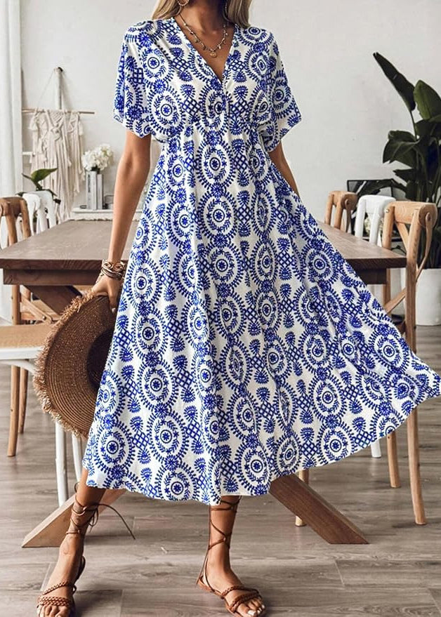 Beautiful Blue V Neck Print Cotton Vacation Dresses Summer AU1029 OM-ZS240902