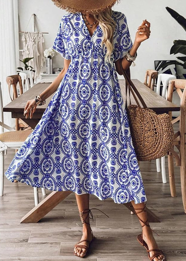Beautiful Blue V Neck Print Cotton Vacation Dresses Summer AU1029 OM-ZS240902