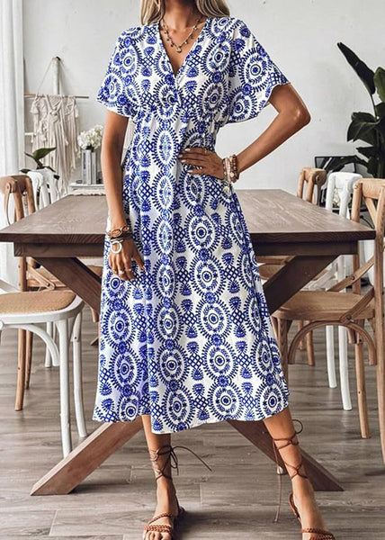 Beautiful Blue V Neck Print Cotton Vacation Dresses Summer AU1029 OM-ZS240902