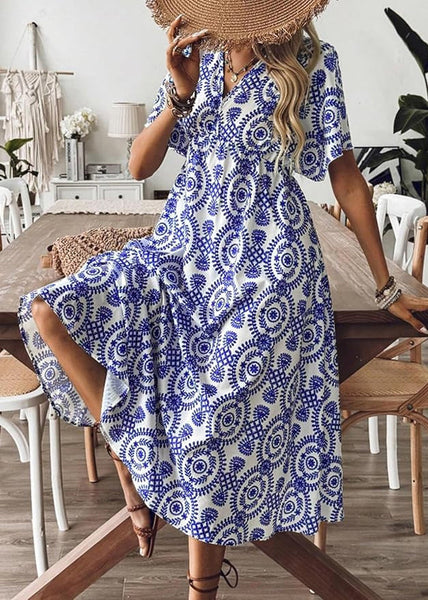 Beautiful Blue V Neck Print Cotton Vacation Dresses Summer AU1029 OM-ZS240902