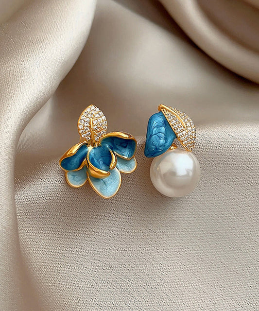 Asymmetric Pearl Drop BlueCopper Enamel Glaze Zircon Beautiful FashionChic