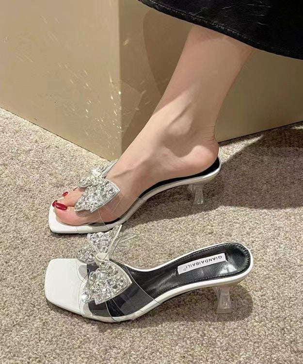 Beautiful Bow Zircon Splicing Chunky Heel Black Slide Sandals DD1029 Shoe-LT240605
