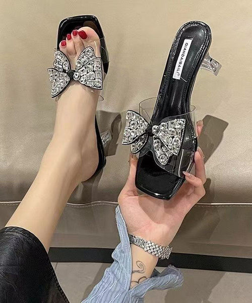 Beautiful Bow Zircon Splicing Chunky Heel Black Slide Sandals DD1029 Shoe-LT240605