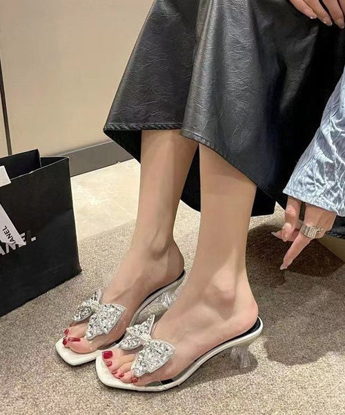 Beautiful Bow Zircon Splicing Chunky Heel Black Slide Sandals DD1029 Shoe-LT240605