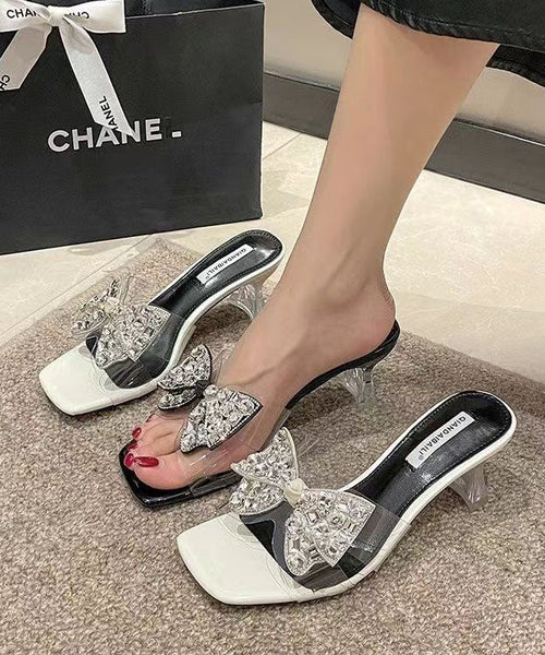 Beautiful Bow Zircon Splicing Chunky Heel Black Slide Sandals DD1029 Shoe-LT240605