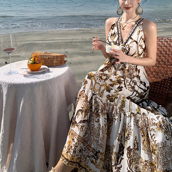 Print Sundress Summer Brown Beach Beautiful Chiffon FashionChic