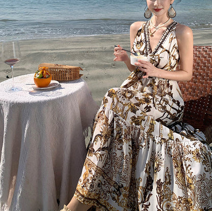 Print Sundress Summer Brown Beach Beautiful Chiffon FashionChic