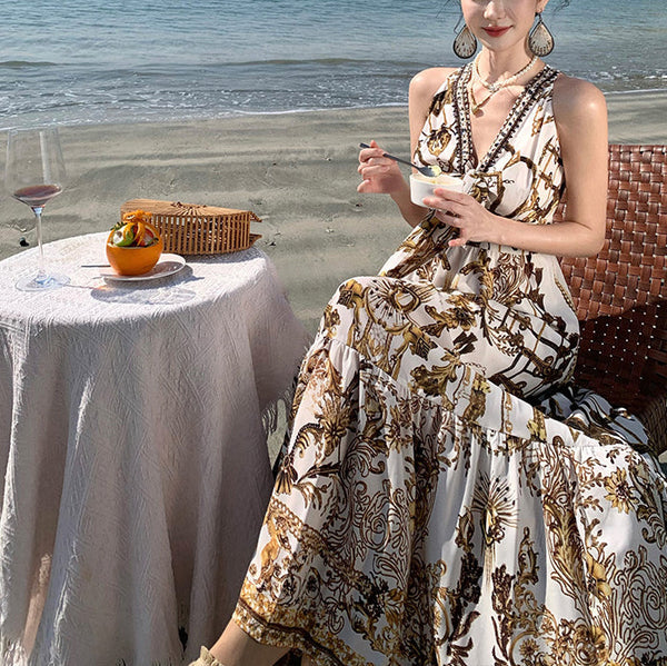 Print Sundress Summer Brown Beach Beautiful Chiffon FashionChic