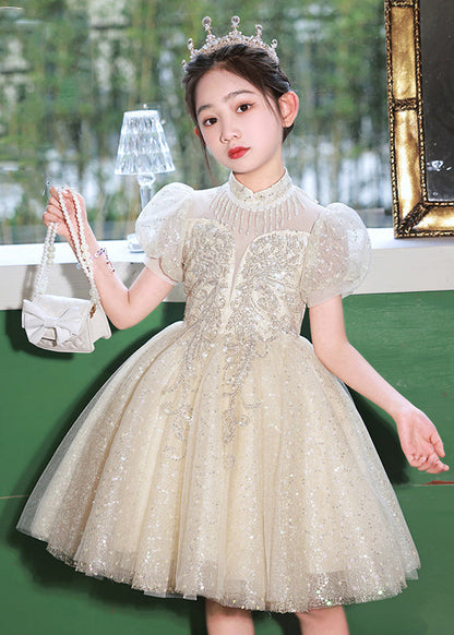 Beautiful Champagne Stand Collar Sequins Tulle Kids Mid Dresses Summer XZ037 SDGM240618