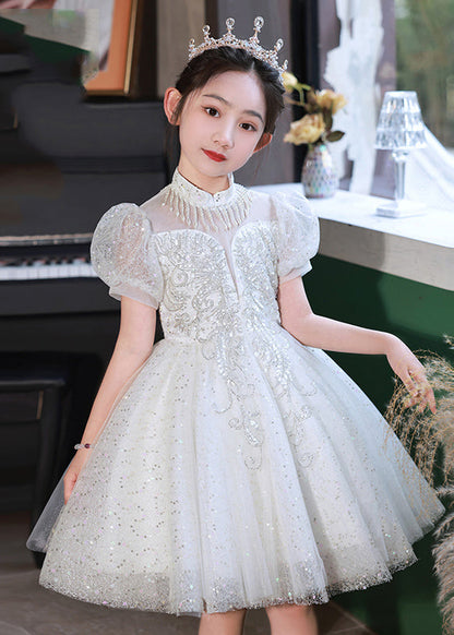 Beautiful Champagne Stand Collar Sequins Tulle Kids Mid Dresses Summer XZ037 SDGM240618