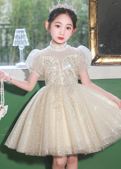 Beautiful Champagne Stand Collar Sequins Tulle Kids Mid Dresses Summer XZ037 SDGM240618