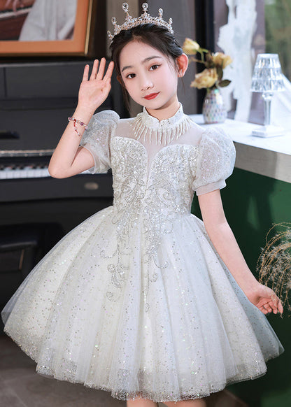 Beautiful Champagne Stand Collar Sequins Tulle Kids Mid Dresses Summer XZ037 SDGM240618