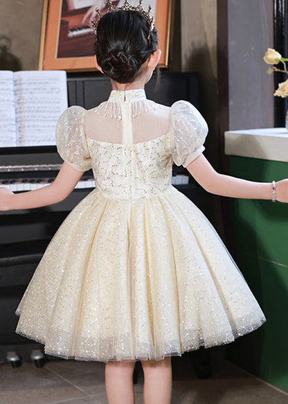 Beautiful Champagne Stand Collar Sequins Tulle Kids Mid Dresses Summer XZ037 SDGM240618