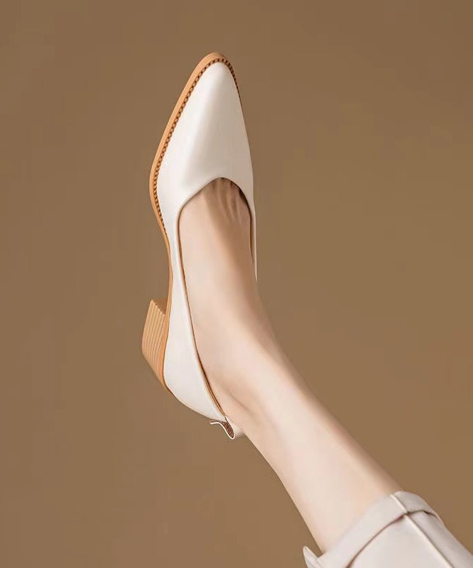 Beautiful Chunky Heel Beige Cowhide Leather Pointed Toe AP1027 shoe-GGX240905