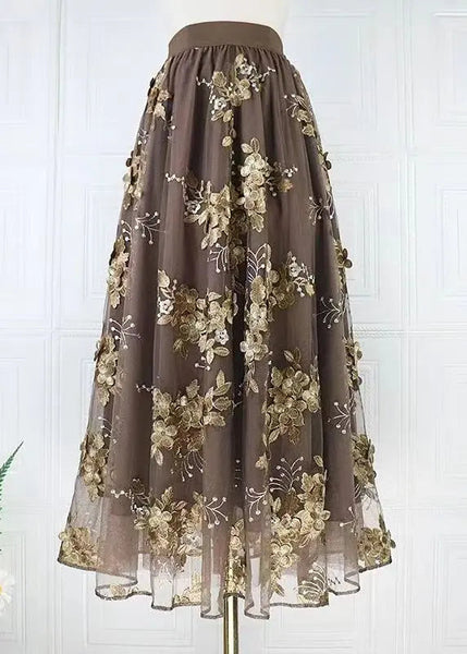 Beautiful Coffee Embroidered High Waist Tulle Skirts Spring HA1010 Ada Fashion
