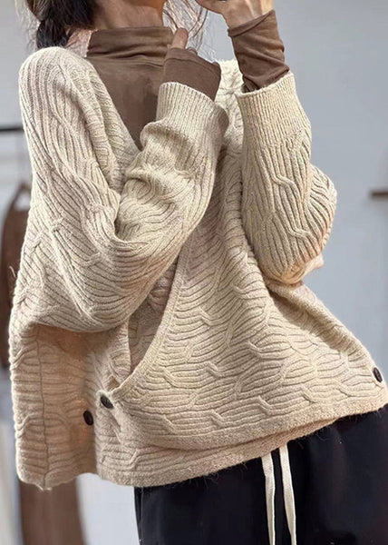 Beautiful Coffee V Neck Button Plus Size Cotton Knit Coats Fall OO007 OM-CS240816