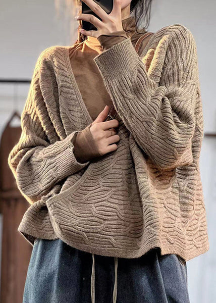 Beautiful Coffee V Neck Button Plus Size Cotton Knit Coats Fall OO007 OM-CS240816