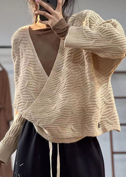 Beautiful Coffee V Neck Button Plus Size Cotton Knit Coats Fall OO007 OM-CS240816