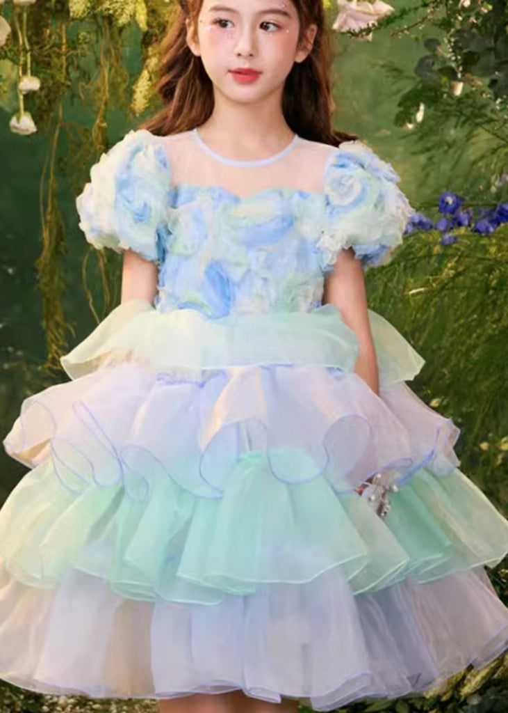 Beautiful Colorblock O-Neck Tulle Patchwork Girls Mid Dress Summer XZ045 SDGM240618