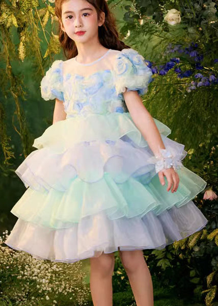 Beautiful Colorblock O-Neck Tulle Patchwork Girls Mid Dress Summer XZ045 SDGM240618