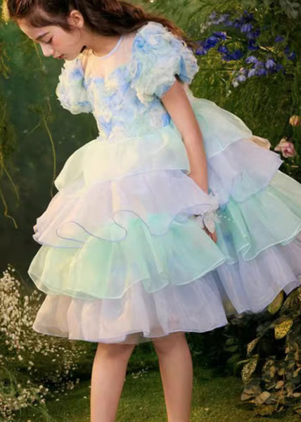 Beautiful Colorblock O-Neck Tulle Patchwork Girls Mid Dress Summer XZ045 SDGM240618
