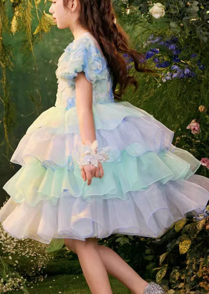 Beautiful Colorblock O-Neck Tulle Patchwork Girls Mid Dress Summer XZ045 SDGM240618