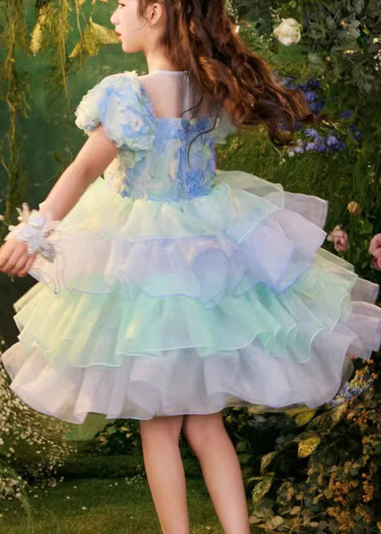 Beautiful Colorblock O-Neck Tulle Patchwork Girls Mid Dress Summer XZ045 SDGM240618