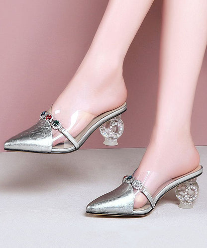 Beautiful Crystal Chunky Heel Yellow Zircon Faux Leather Slide Sandals RT1025 Ada Fashion