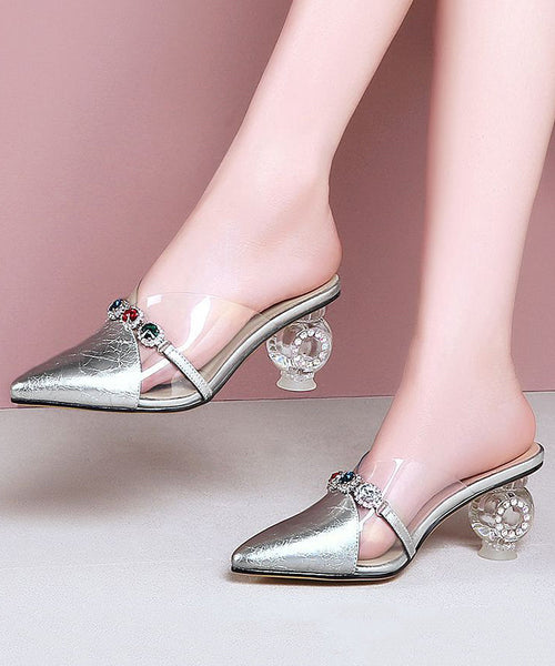 Beautiful Crystal Chunky Heel Yellow Zircon Faux Leather Slide Sandals RT1025 Ada Fashion