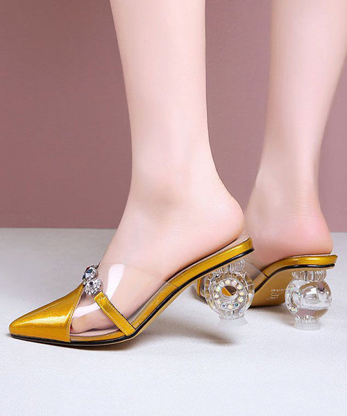 Beautiful Crystal Chunky Heel Yellow Zircon Faux Leather Slide Sandals RT1025 Ada Fashion