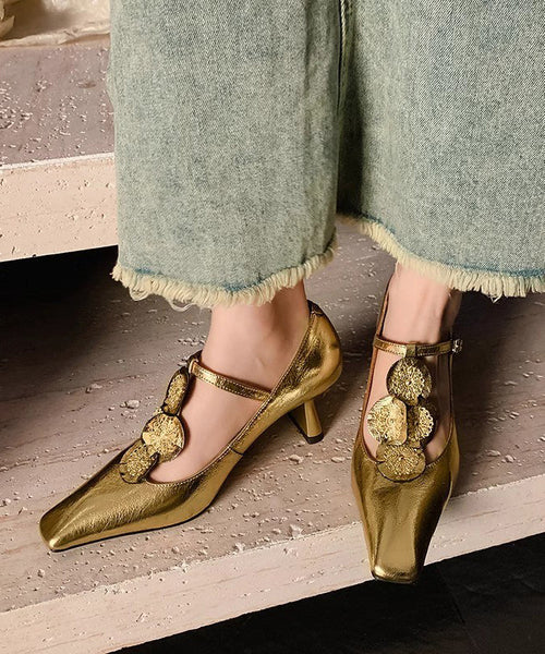 Beautiful Gold Buckle Strap Decorated Splicing Heels Shoes DD1060 Shoe-GGX240605