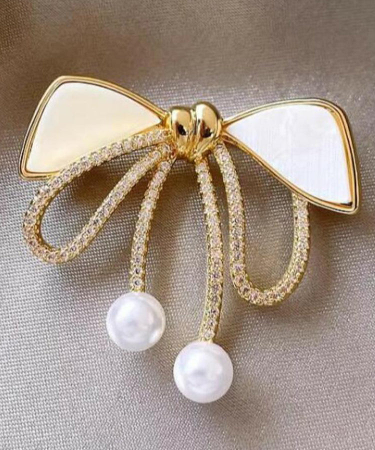 Beautiful Gold Sterling Silver Alloy Zircon Bow Pearl Brooches WP005 JEW-BRO241112