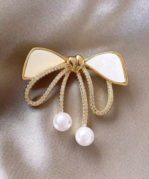 Beautiful Gold Sterling Silver Alloy Zircon Bow Pearl Brooches WP005 JEW-BRO241112
