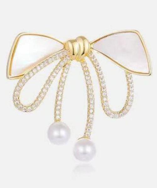Beautiful Gold Sterling Silver Alloy Zircon Bow Pearl Brooches WP005 JEW-BRO241112