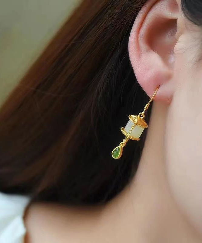 Beautiful Gold Sterling Silver Overgild Jade Tassel Drop Earrings GH1016 Ada Fashion