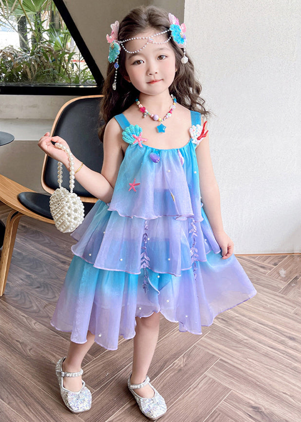 Beautiful Gradient Color Zippered Patchwork Chiffon Girls Dresses Sleeveless TT043 WS-JRTZSDGL240817