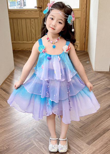 Beautiful Gradient Color Zippered Patchwork Chiffon Girls Dresses Sleeveless TT043 WS-JRTZSDGL240817