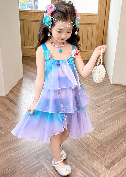 Beautiful Gradient Color Zippered Patchwork Chiffon Girls Dresses Sleeveless TT043 WS-JRTZSDGL240817