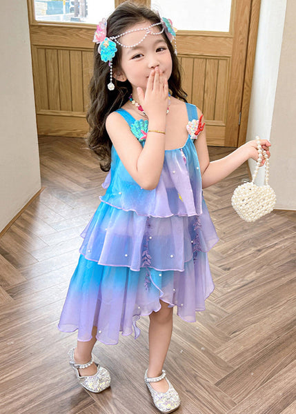 Beautiful Gradient Color Zippered Patchwork Chiffon Girls Dresses Sleeveless TT043 WS-JRTZSDGL240817