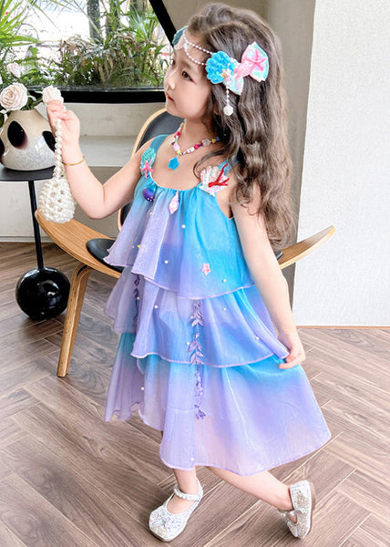 Beautiful Gradient Color Zippered Patchwork Chiffon Girls Dresses Sleeveless TT043 WS-JRTZSDGL240817