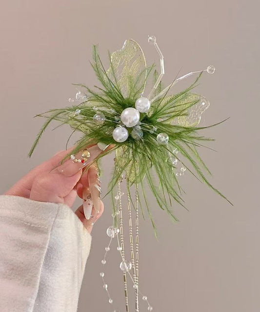Beautiful Lace Hairpin Green Butterfly Feather Pearl Tassel FashionChic