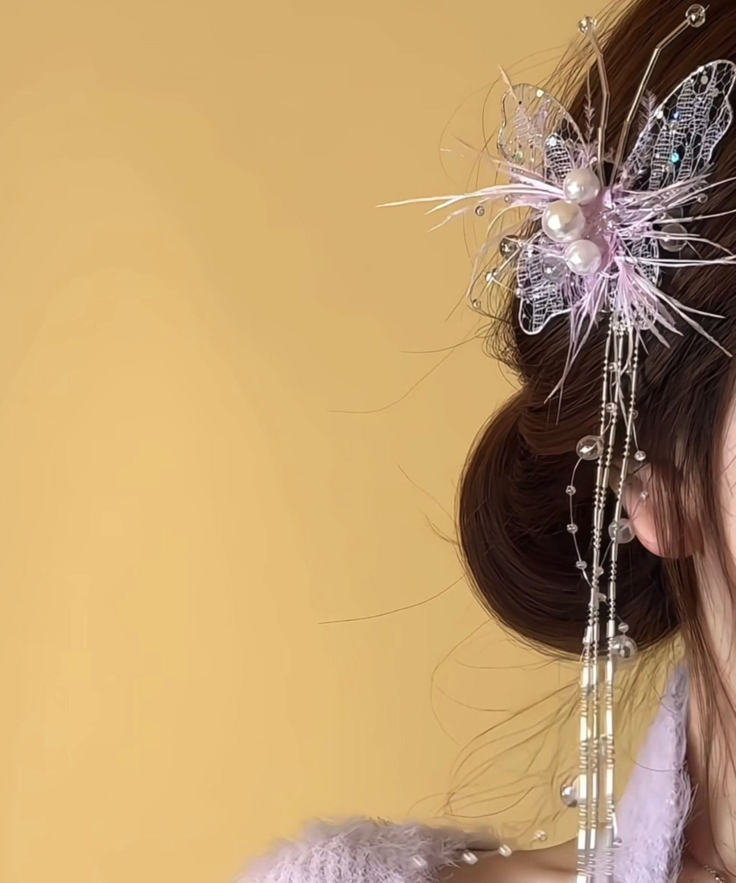 Beautiful Lace Hairpin Green Butterfly Feather Pearl Tassel FashionChic