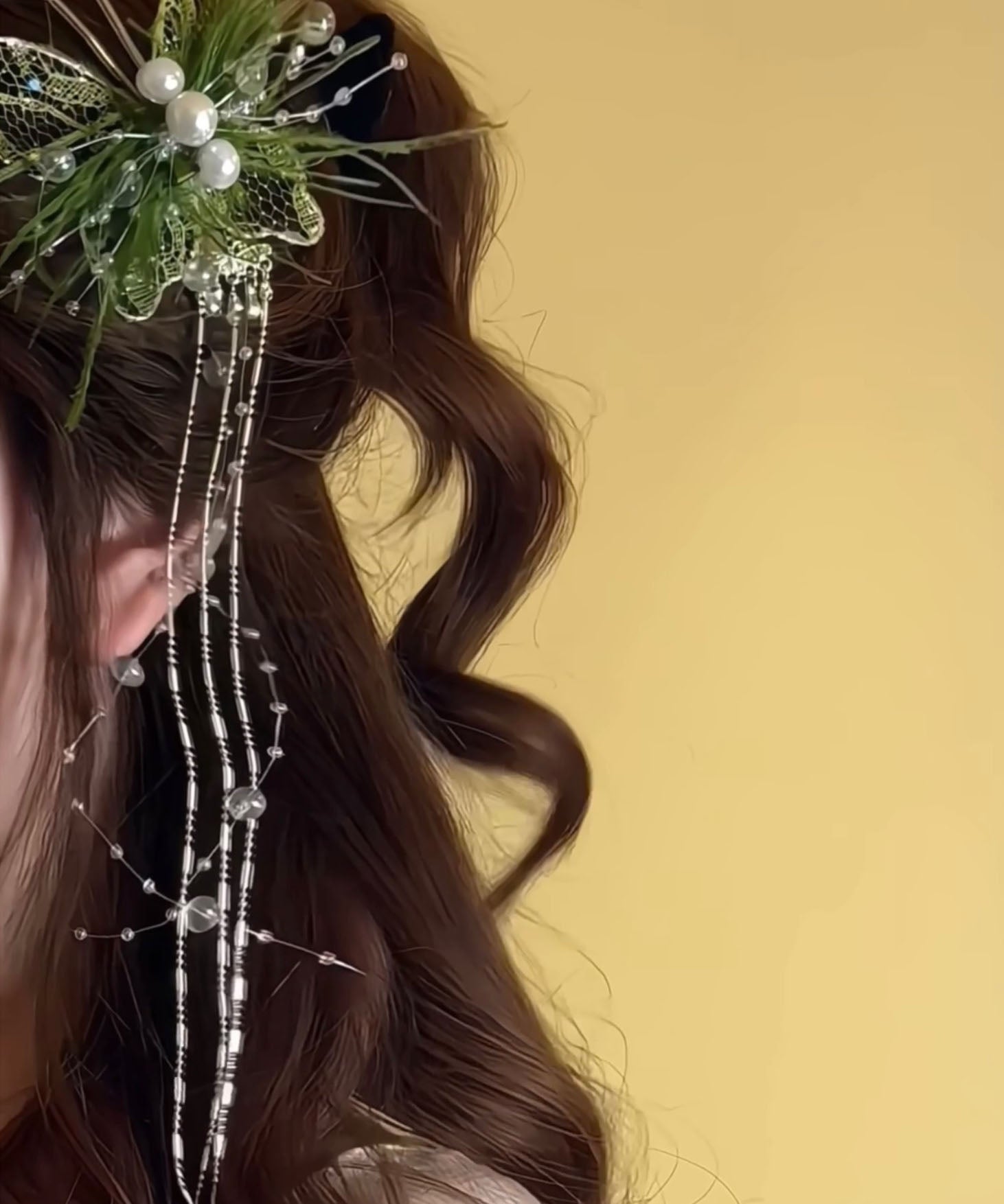Beautiful Lace Hairpin Green Butterfly Feather Pearl Tassel FashionChic