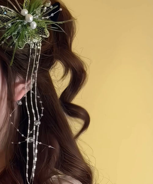 Beautiful Lace Hairpin Green Butterfly Feather Pearl Tassel FashionChic